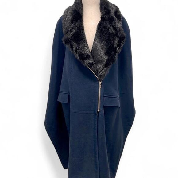 RARE! Thakoon Avant Garde Navy Blue Black Faux Fur Zip Up Cape Stole Party 2